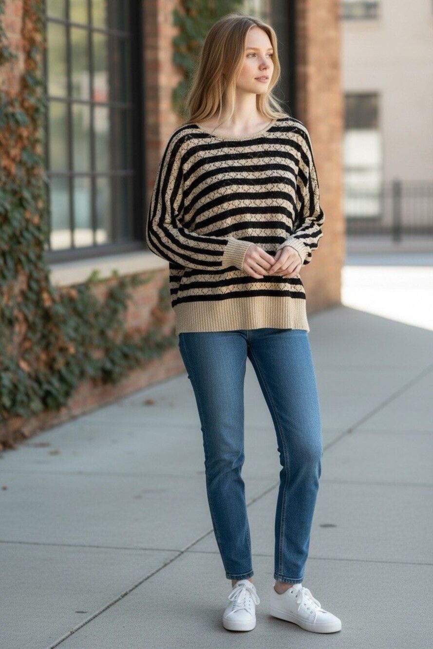 New Caslon Women’s Open Knit Sweater Size XL Striped Casual Lightweight Top